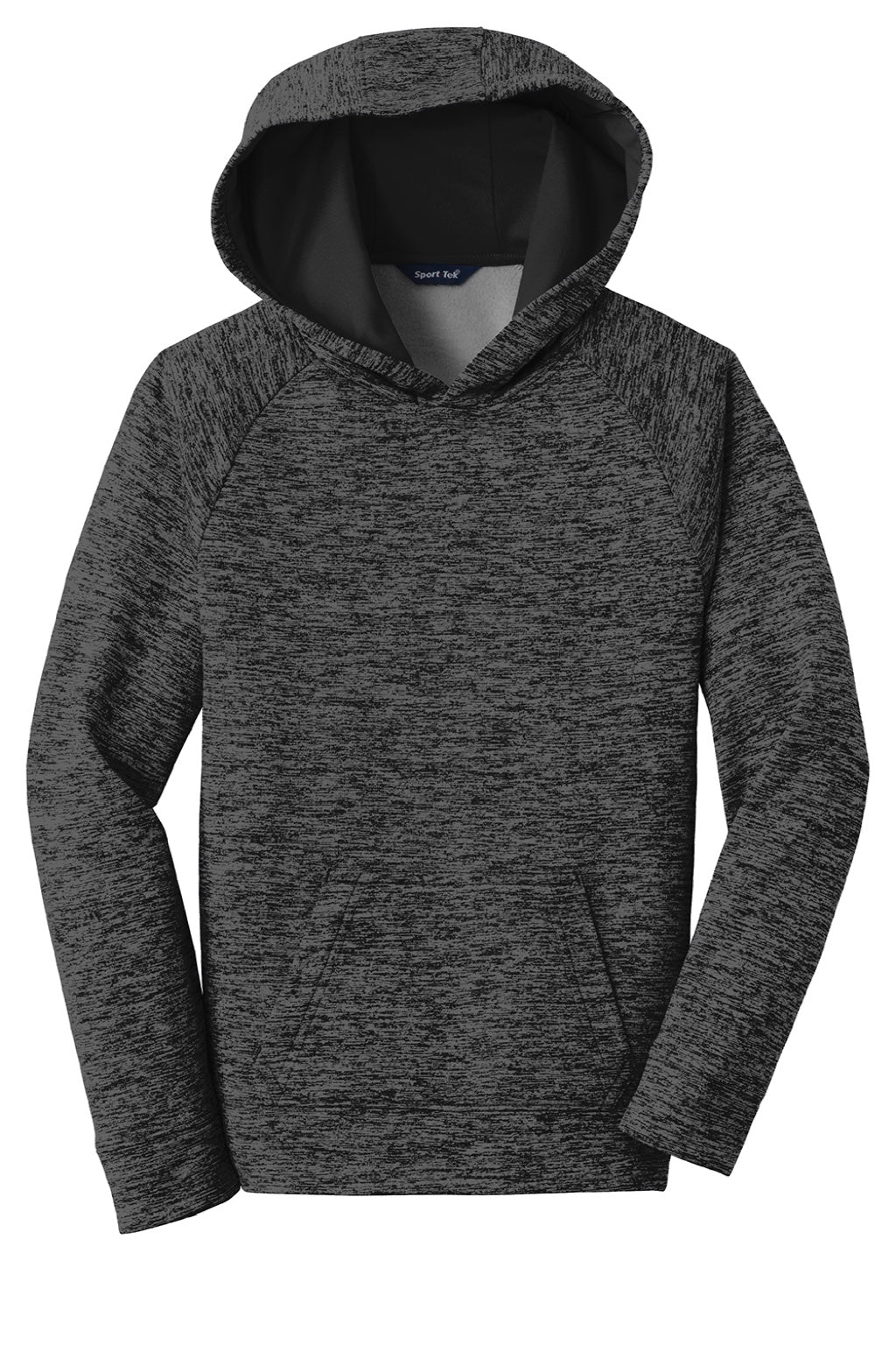 Sport-Tek YST225 Youth Electric Heather Moisture Wicking Fleece Hooded Sweatshirt Hoodie w/ Pouch Pocket Grey Black Electric Flat Front