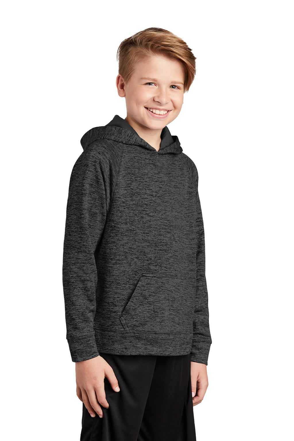 Sport-Tek YST225 Youth Electric Heather Moisture Wicking Fleece Hooded Sweatshirt Hoodie w/ Pouch Pocket Grey Black Electric Model 3q