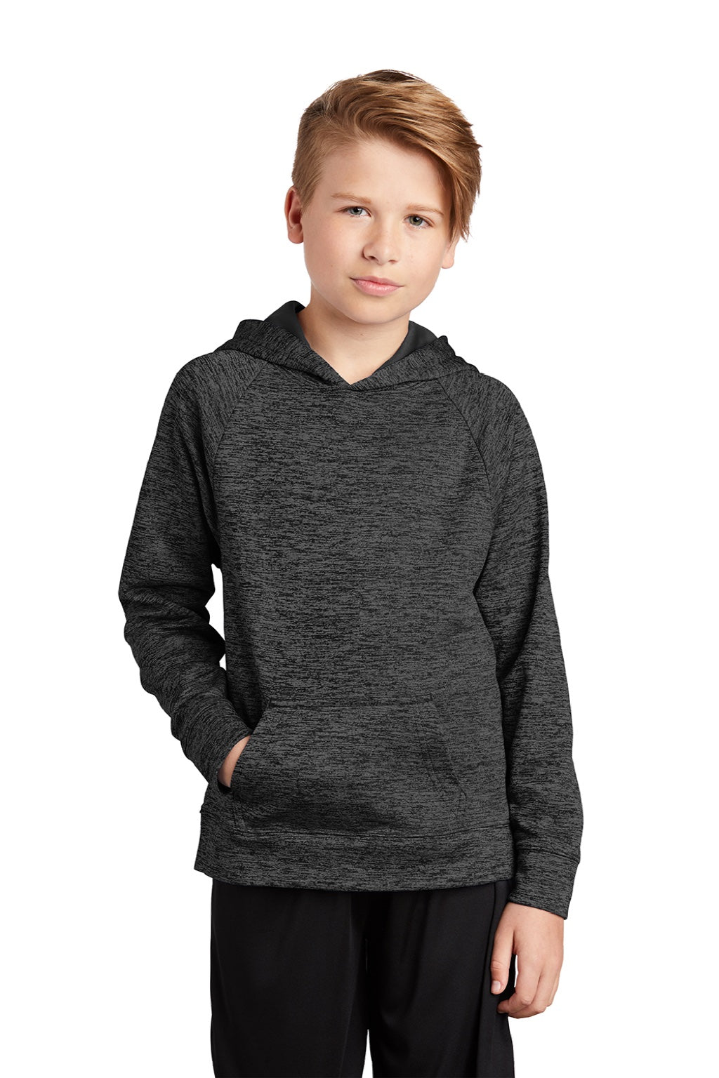 Sport-Tek YST225 Youth Electric Heather Moisture Wicking Fleece Hooded Sweatshirt Hoodie w/ Pouch Pocket Grey Black Electric Model Front