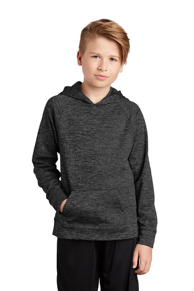 Sport-Tek YST225 Youth Electric Heather Moisture Wicking Fleece Hooded Sweatshirt Hoodie w/ Pouch Pocket Grey Black Electric Model Front