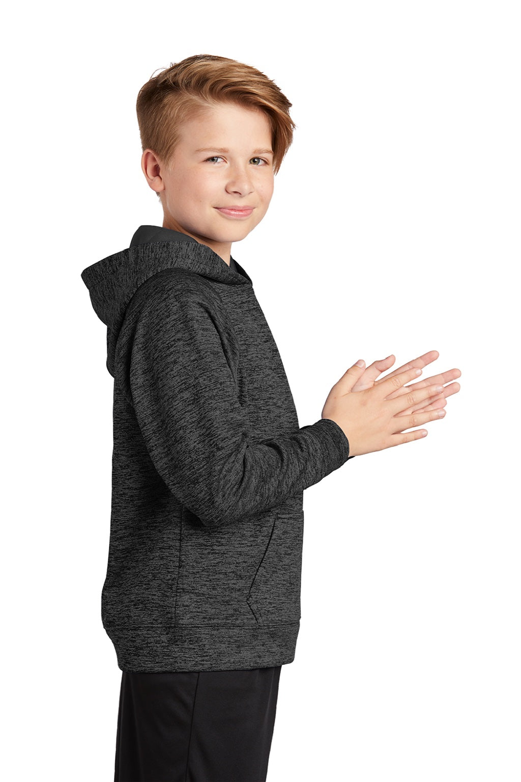 Sport-Tek YST225 Youth Electric Heather Moisture Wicking Fleece Hooded Sweatshirt Hoodie w/ Pouch Pocket Grey Black Electric Model Side