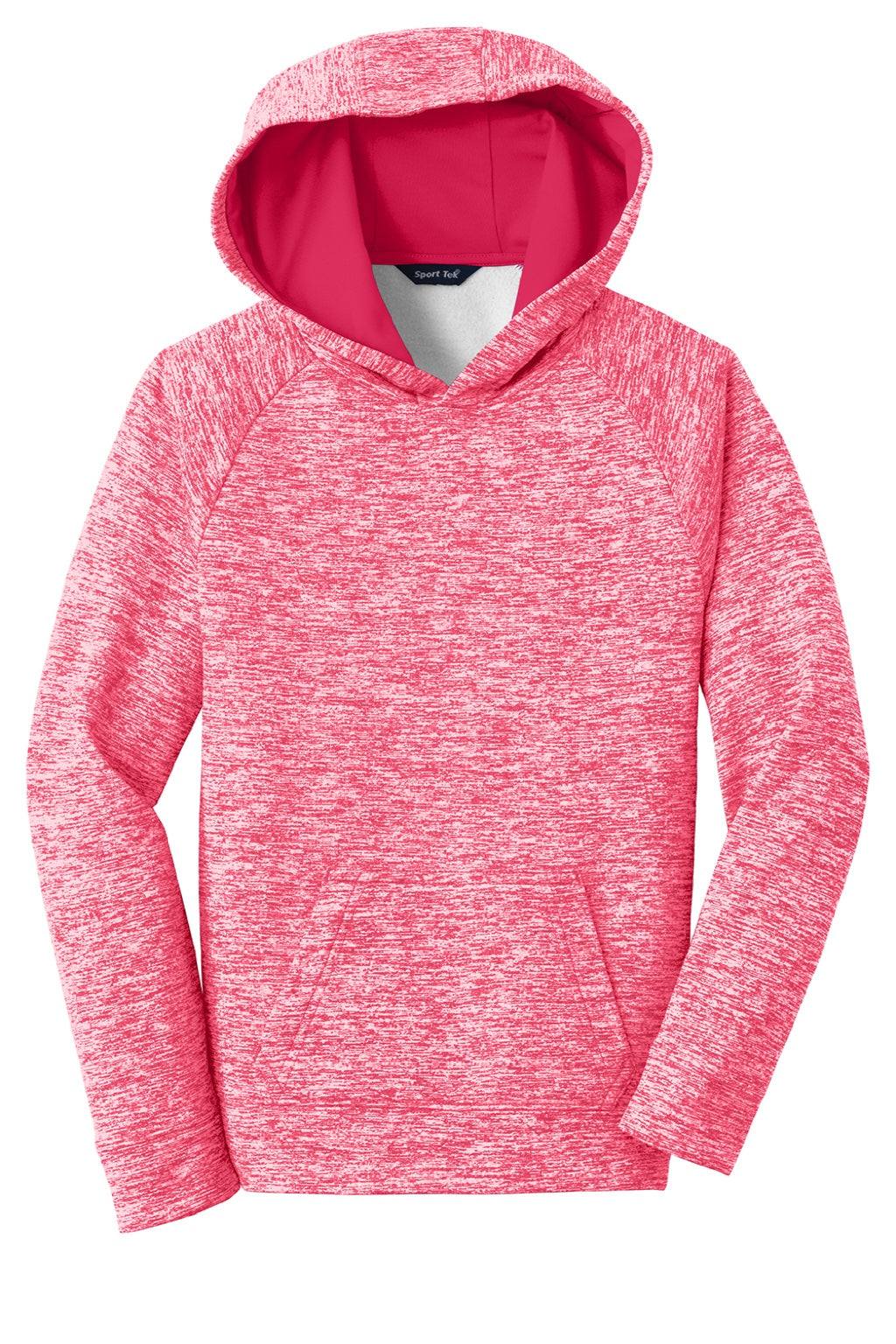 Sport-Tek YST225 Youth Electric Heather Moisture Wicking Fleece Hooded Sweatshirt Hoodie w/ Pouch Pocket Power Pink Electric Flat Front