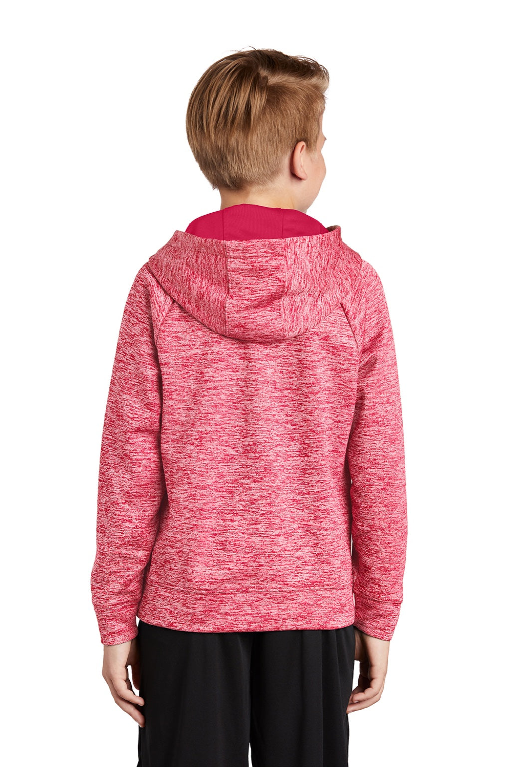 Sport-Tek YST225 Youth Electric Heather Moisture Wicking Fleece Hooded Sweatshirt Hoodie w/ Pouch Pocket Power Pink Electric Model Back