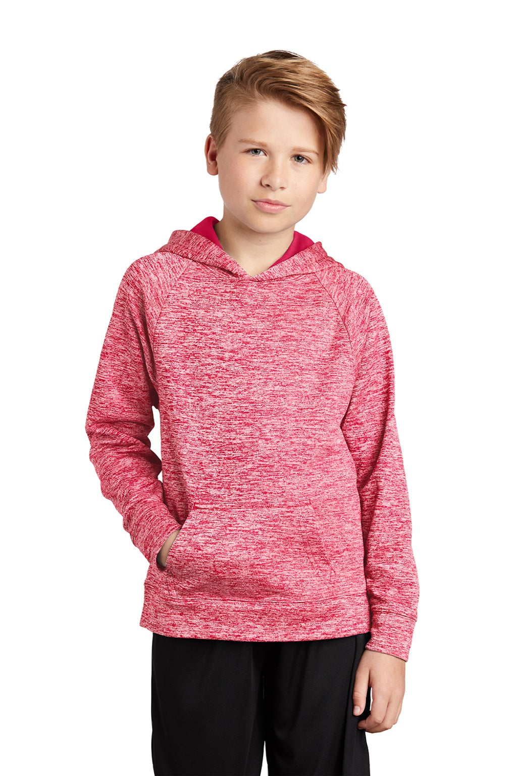 Sport-Tek YST225 Youth Electric Heather Moisture Wicking Fleece Hooded Sweatshirt Hoodie w/ Pouch Pocket Power Pink Electric Model Front