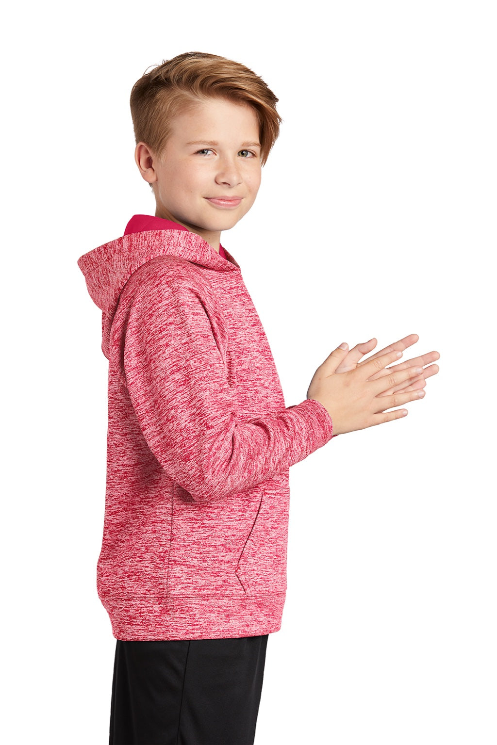 Sport-Tek YST225 Youth Electric Heather Moisture Wicking Fleece Hooded Sweatshirt Hoodie w/ Pouch Pocket Power Pink Electric Model Side