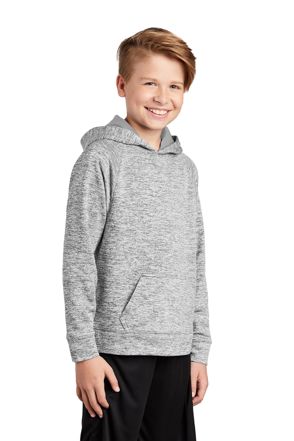 Sport-Tek YST225 Youth Electric Heather Moisture Wicking Fleece Hooded Sweatshirt Hoodie w/ Pouch Pocket Silver Grey Electric Model 3q