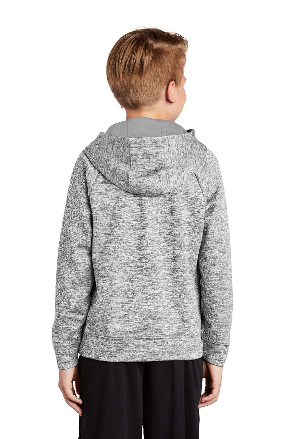 Sport-Tek YST225 Youth Electric Heather Moisture Wicking Fleece Hooded Sweatshirt Hoodie w/ Pouch Pocket Silver Grey Electric Model Back