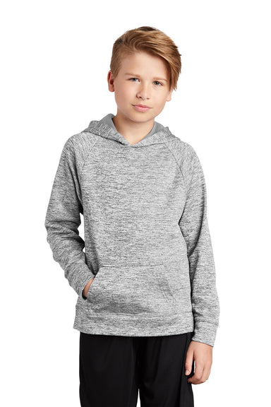 Sport-Tek YST225 Youth Electric Heather Moisture Wicking Fleece Hooded Sweatshirt Hoodie w/ Pouch Pocket Silver Grey Electric Model Front