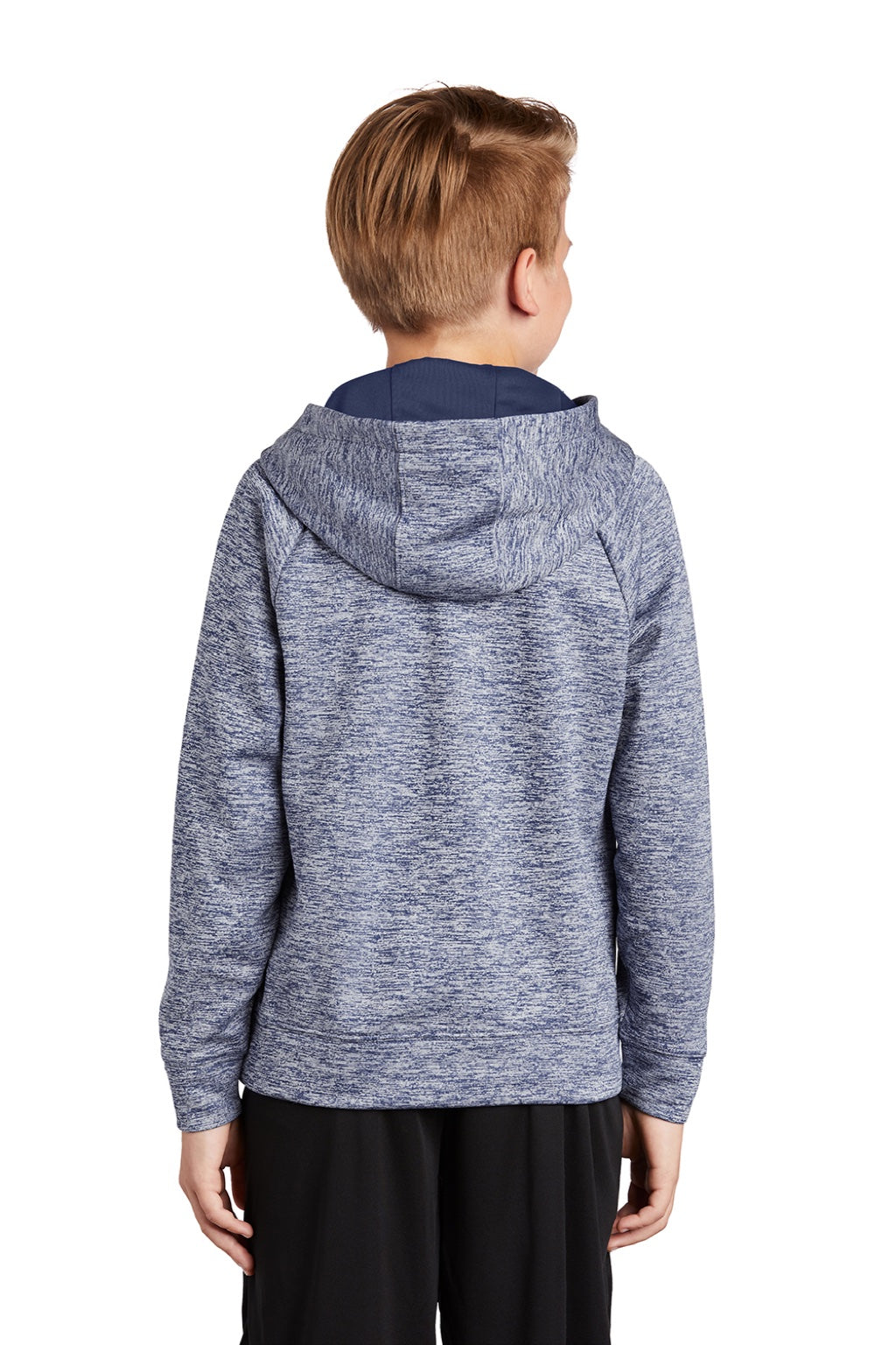 Sport-Tek YST225 Youth Electric Heather Moisture Wicking Fleece Hooded Sweatshirt Hoodie w/ Pouch Pocket True Navy Blue Electric Model Back