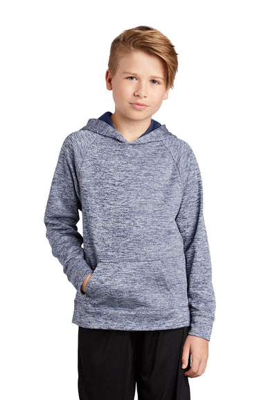 Sport-Tek YST225 Youth Electric Heather Moisture Wicking Fleece Hooded Sweatshirt Hoodie w/ Pouch Pocket True Navy Blue Electric Model Front