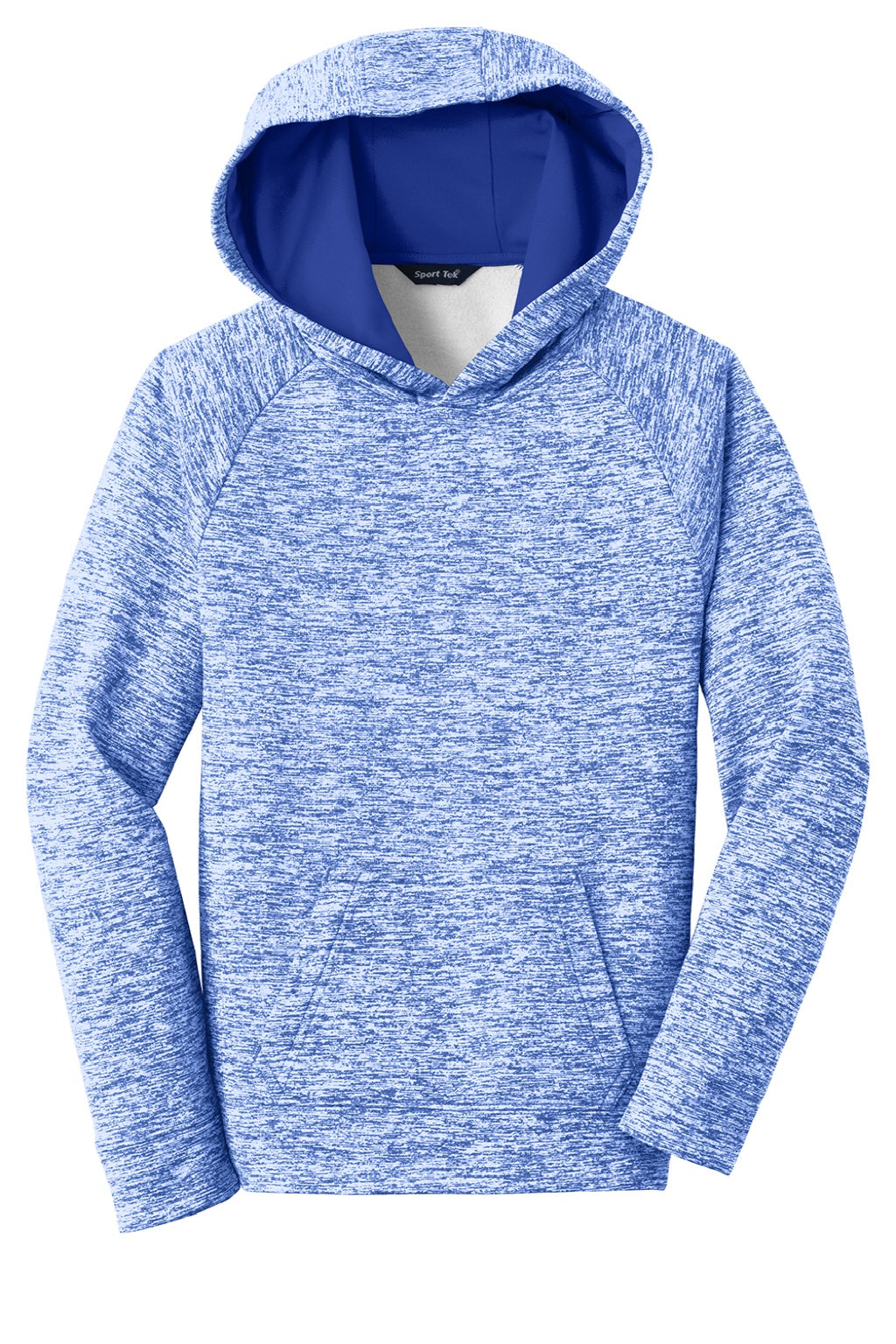 Sport-Tek YST225 Youth Electric Heather Moisture Wicking Fleece Hooded Sweatshirt Hoodie w/ Pouch Pocket True Royal Blue Electric Flat Front