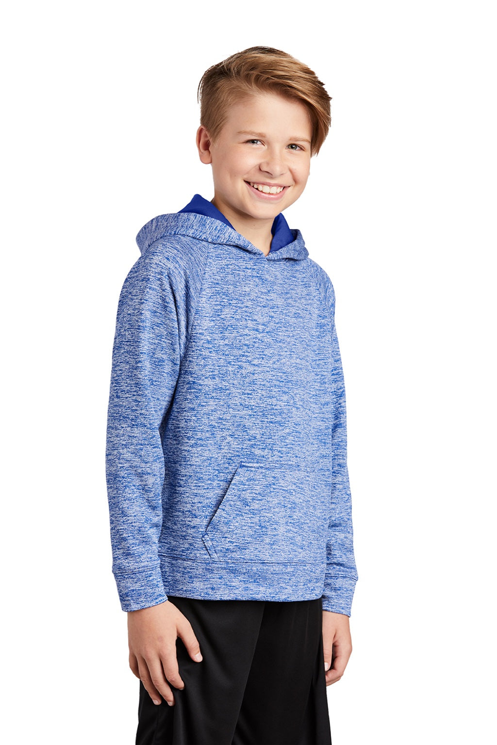 Sport-Tek YST225 Youth Electric Heather Moisture Wicking Fleece Hooded Sweatshirt Hoodie w/ Pouch Pocket True Royal Blue Electric Model 3q