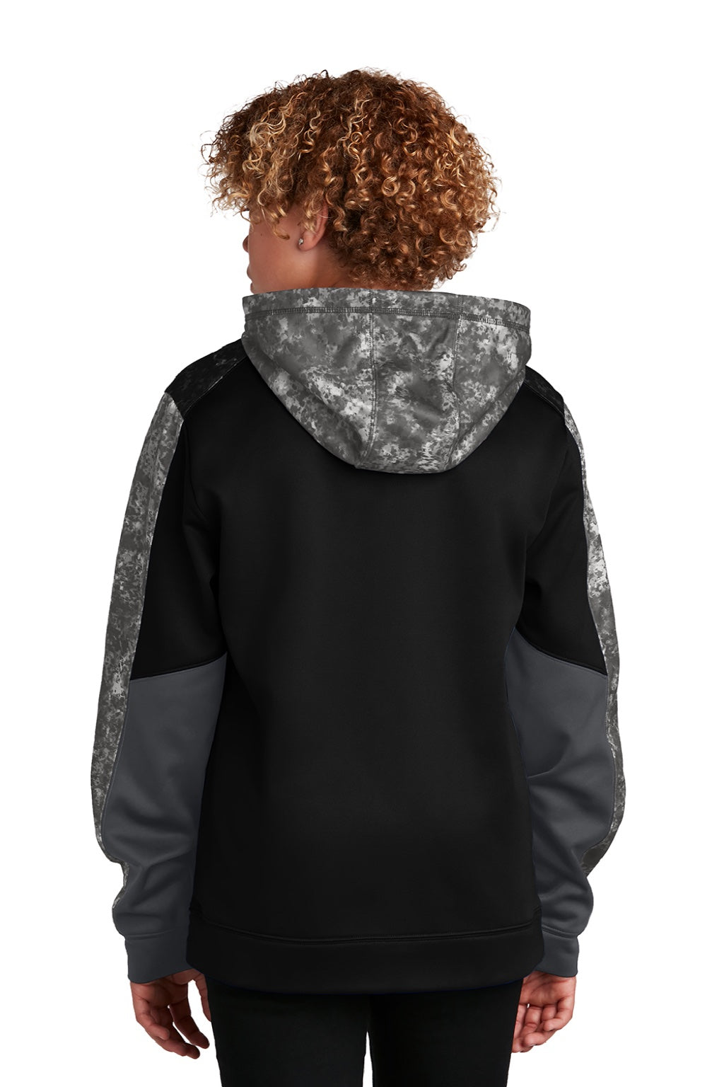 Sport-Tek YST231 Youth Sport-Wick Mineral Freeze Moisture Wicking Fleece Hooded Sweatshirt Hoodie w/ Pouch Pocket Black Model Back
