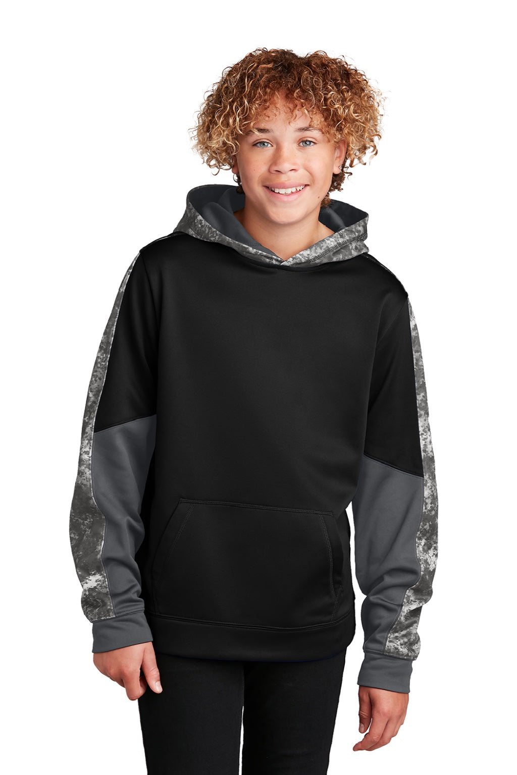 Sport-Tek YST231 Youth Sport-Wick Mineral Freeze Moisture Wicking Fleece Hooded Sweatshirt Hoodie w/ Pouch Pocket Black Model Front