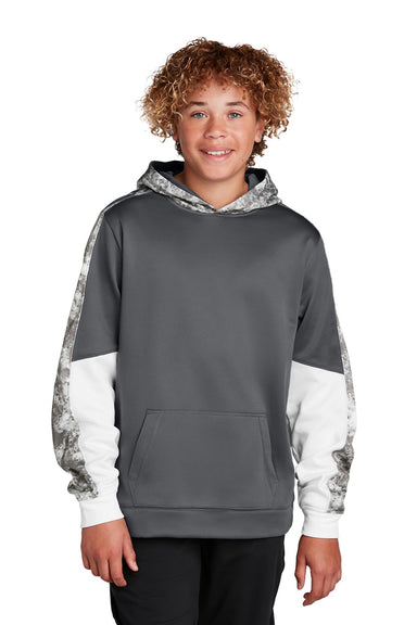 Sport-Tek YST231 Youth Sport-Wick Mineral Freeze Moisture Wicking Fleece Hooded Sweatshirt Hoodie w/ Pouch Pocket Dark Smoke Grey Model Front