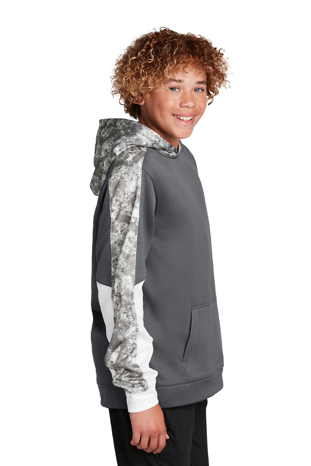 Sport-Tek YST231 Youth Sport-Wick Mineral Freeze Moisture Wicking Fleece Hooded Sweatshirt Hoodie w/ Pouch Pocket Dark Smoke Grey Model Side
