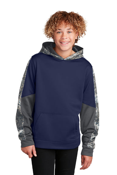 Sport-Tek YST231 Youth Sport-Wick Mineral Freeze Moisture Wicking Fleece Hooded Sweatshirt Hoodie w/ Pouch Pocket True Navy Blue Model Front