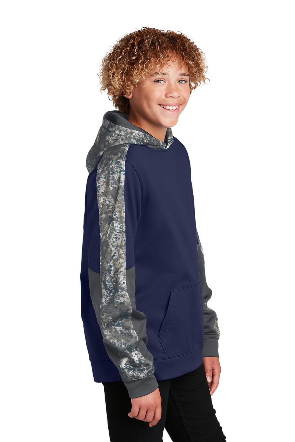 Sport-Tek YST231 Youth Sport-Wick Mineral Freeze Moisture Wicking Fleece Hooded Sweatshirt Hoodie w/ Pouch Pocket True Navy Blue Model Side