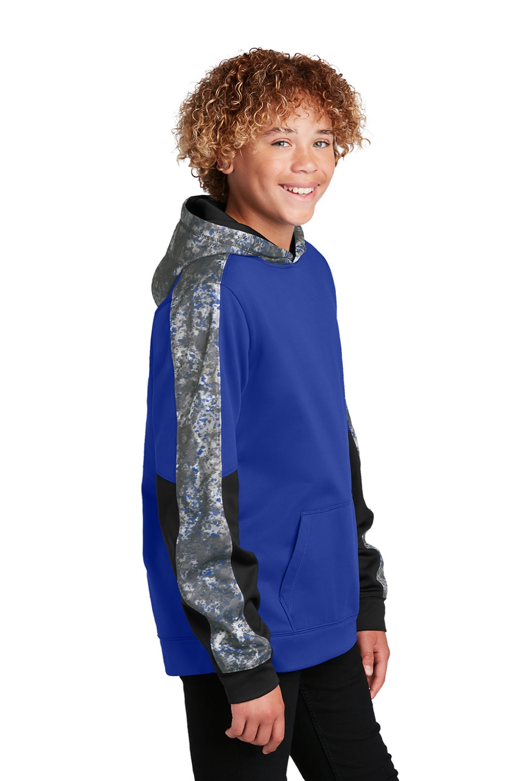 Sport-Tek YST231 Youth Sport-Wick Mineral Freeze Moisture Wicking Fleece Hooded Sweatshirt Hoodie w/ Pouch Pocket True Royal Blue Model Side
