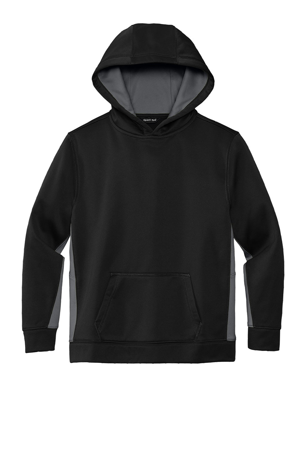 Sport-Tek YST235 Youth Sport-Wick Moisture Wicking Fleece Hooded Sweatshirt Hoodie w/ Pouch Pocket Black/Dark Smoke Grey Flat Front