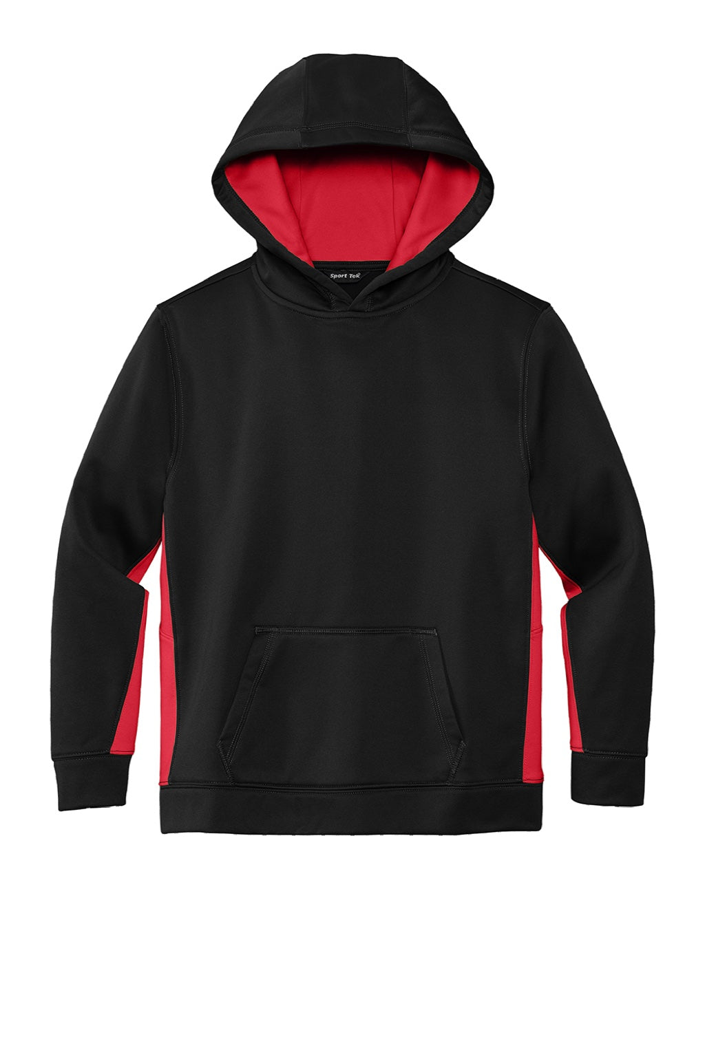 Sport-Tek YST235 Youth Sport-Wick Moisture Wicking Fleece Hooded Sweatshirt Hoodie w/ Pouch Pocket Black/Deep Red Flat Front