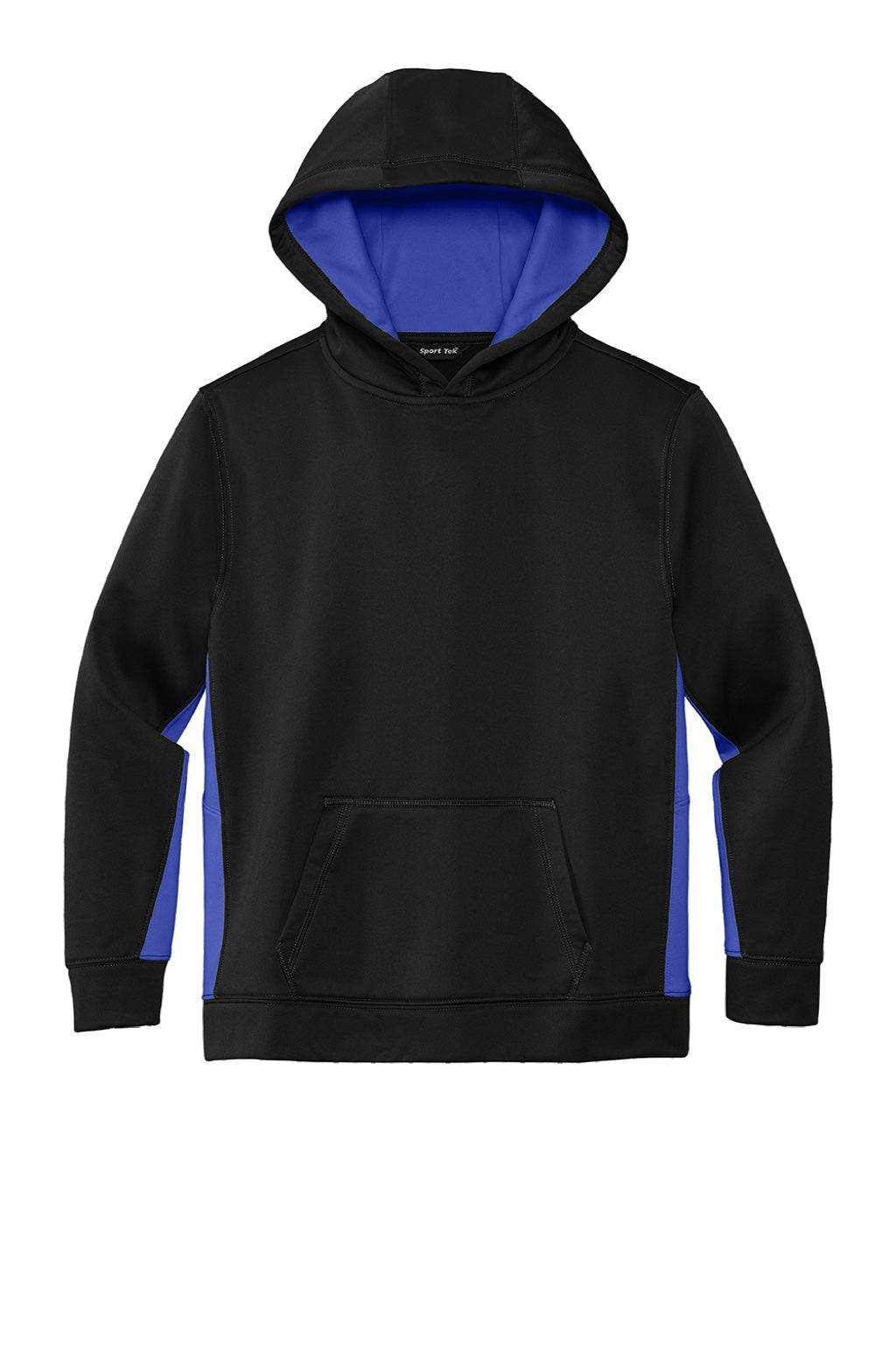 Sport-Tek YST235 Youth Sport-Wick Moisture Wicking Fleece Hooded Sweatshirt Hoodie w/ Pouch Pocket Black/True Royal Blue Flat Front