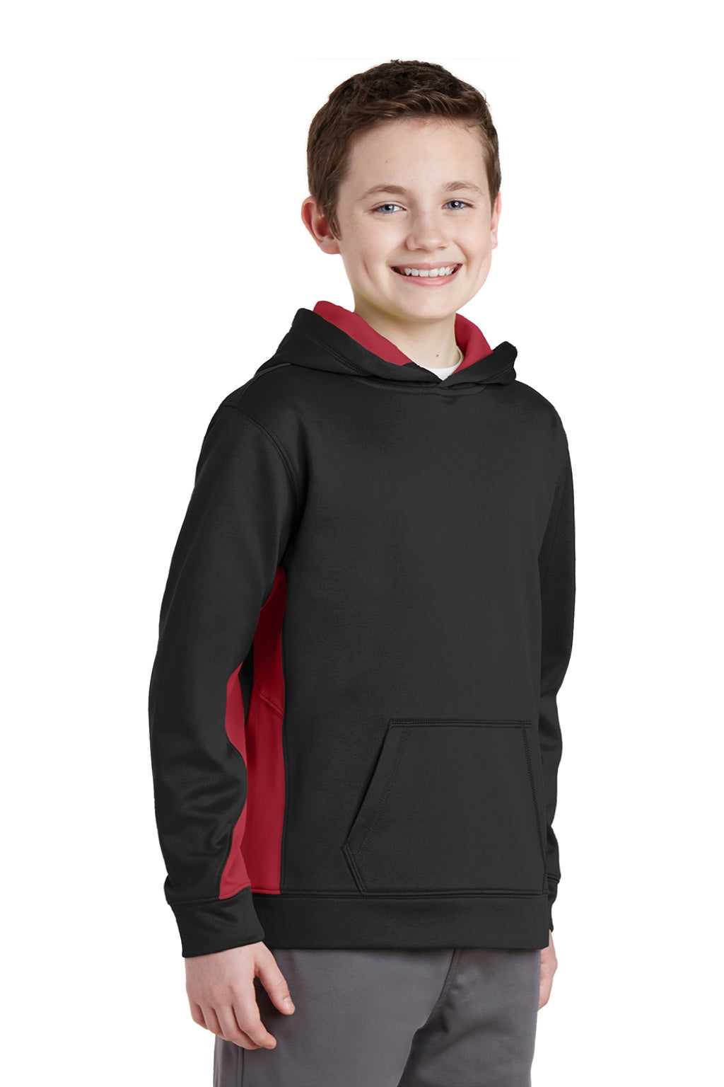 Sport-Tek YST235 Youth Sport-Wick Moisture Wicking Fleece Hooded Sweatshirt Hoodie w/ Pouch Pocket Black/Deep Red Model 3q