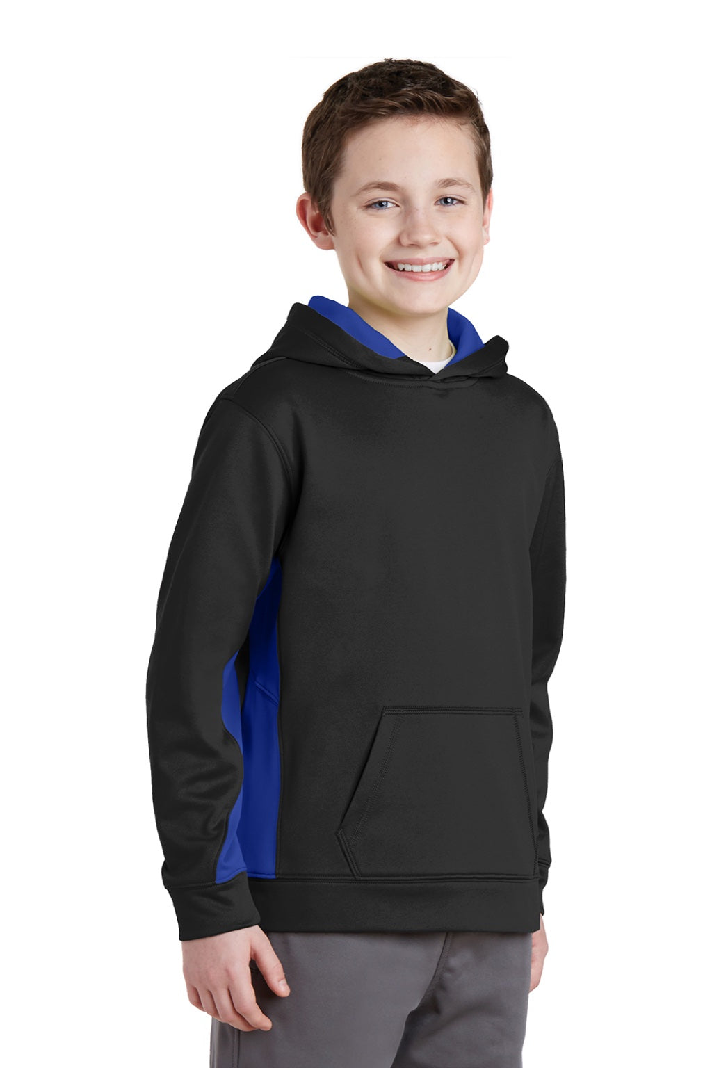 Sport-Tek YST235 Youth Sport-Wick Moisture Wicking Fleece Hooded Sweatshirt Hoodie w/ Pouch Pocket Black/True Royal Blue Model 3q