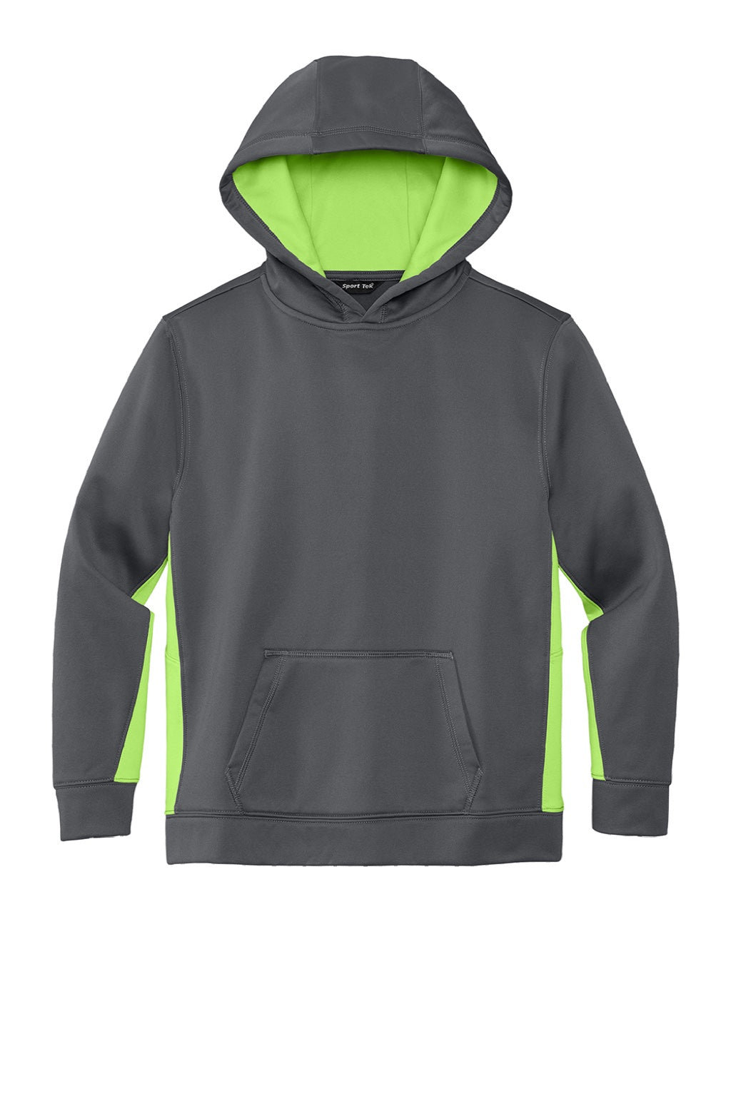 Sport-Tek YST235 Youth Sport-Wick Moisture Wicking Fleece Hooded Sweatshirt Hoodie w/ Pouch Pocket Dark Smoke Grey/Lime Shock Green Flat Front
