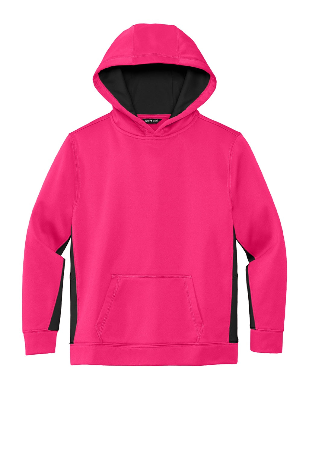 Sport-Tek YST235 Youth Sport-Wick Moisture Wicking Fleece Hooded Sweatshirt Hoodie w/ Pouch Pocket Neon Pink/Black Flat Front