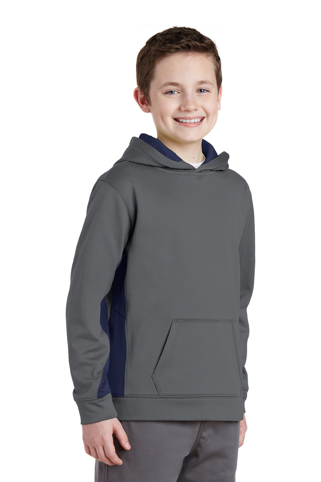 Sport-Tek YST235 Youth Sport-Wick Moisture Wicking Fleece Hooded Sweatshirt Hoodie w/ Pouch Pocket Dark Smoke Grey/True Navy Blue Model 3q