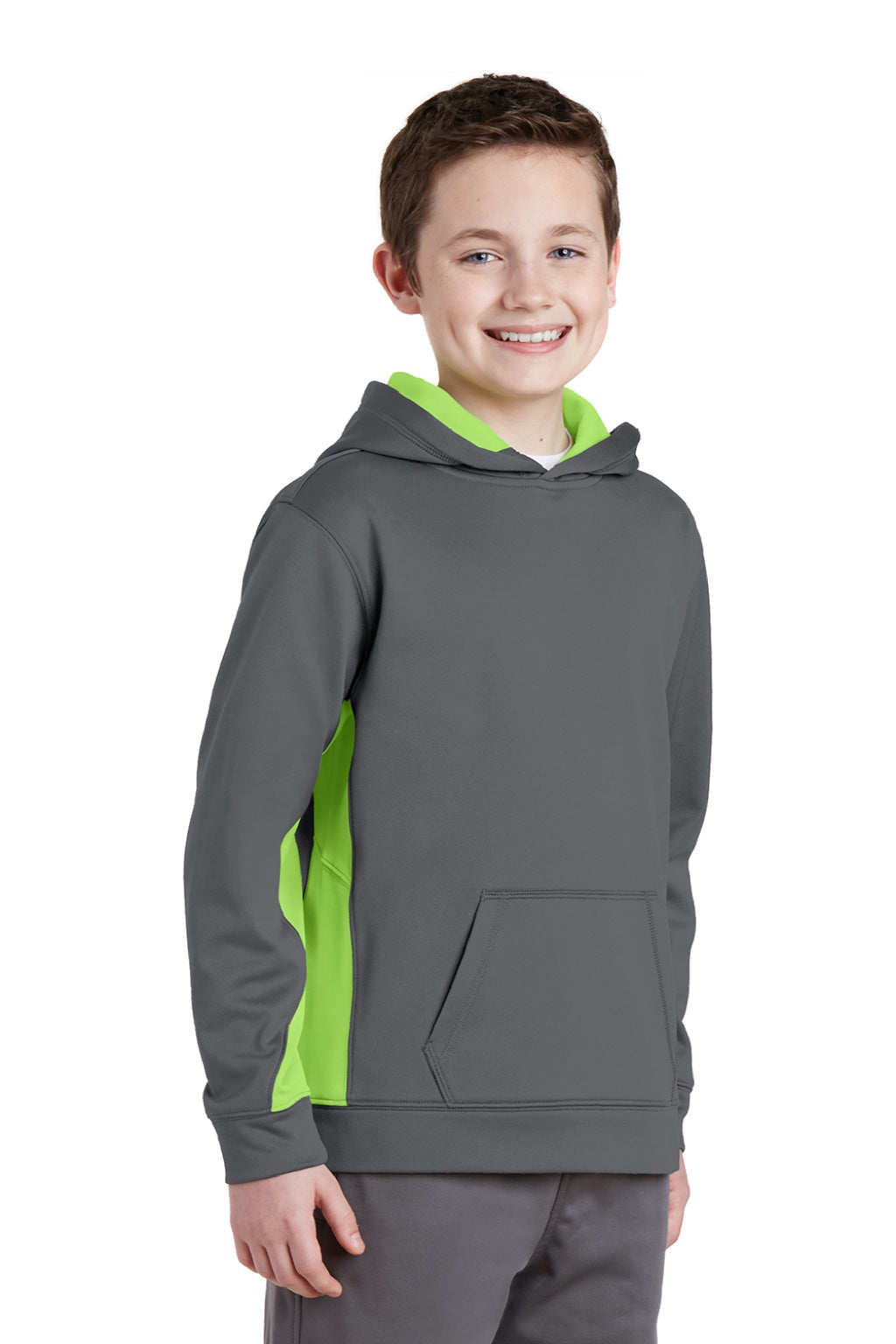 Sport-Tek YST235 Youth Sport-Wick Moisture Wicking Fleece Hooded Sweatshirt Hoodie w/ Pouch Pocket Dark Smoke Grey/Lime Shock Green Model 3q