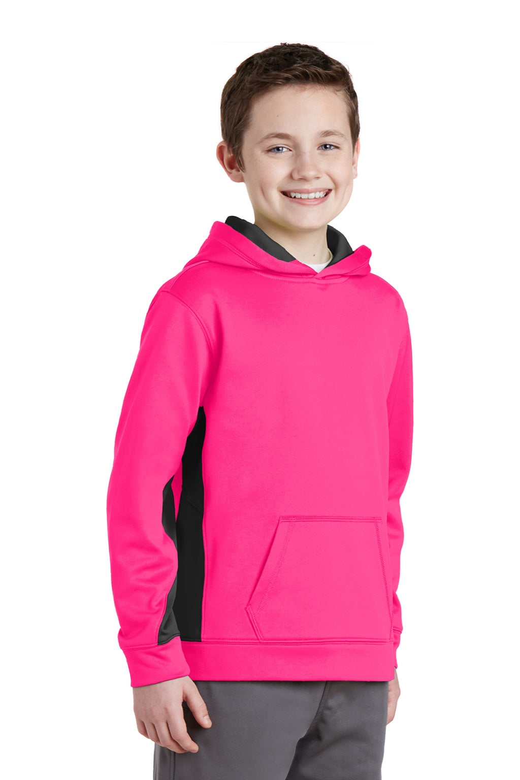 Sport-Tek YST235 Youth Sport-Wick Moisture Wicking Fleece Hooded Sweatshirt Hoodie w/ Pouch Pocket Neon Pink/Black Model 3q