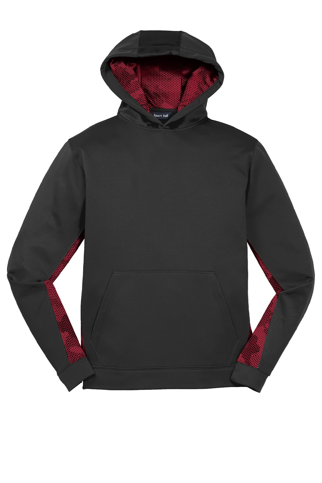 Sport-Tek YST239 Youth Sport-Wick CamoHex Moisture Wicking Fleece Hooded Sweatshirt Hoodie w/ Pouch Pocket Black/Deep Red Flat Front