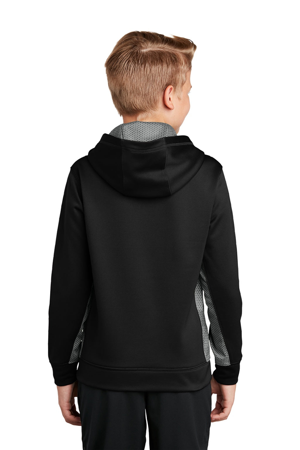 Sport-Tek YST239 Youth Sport-Wick CamoHex Moisture Wicking Fleece Hooded Sweatshirt Hoodie w/ Pouch Pocket Black/Dark Smoke Grey Model Back