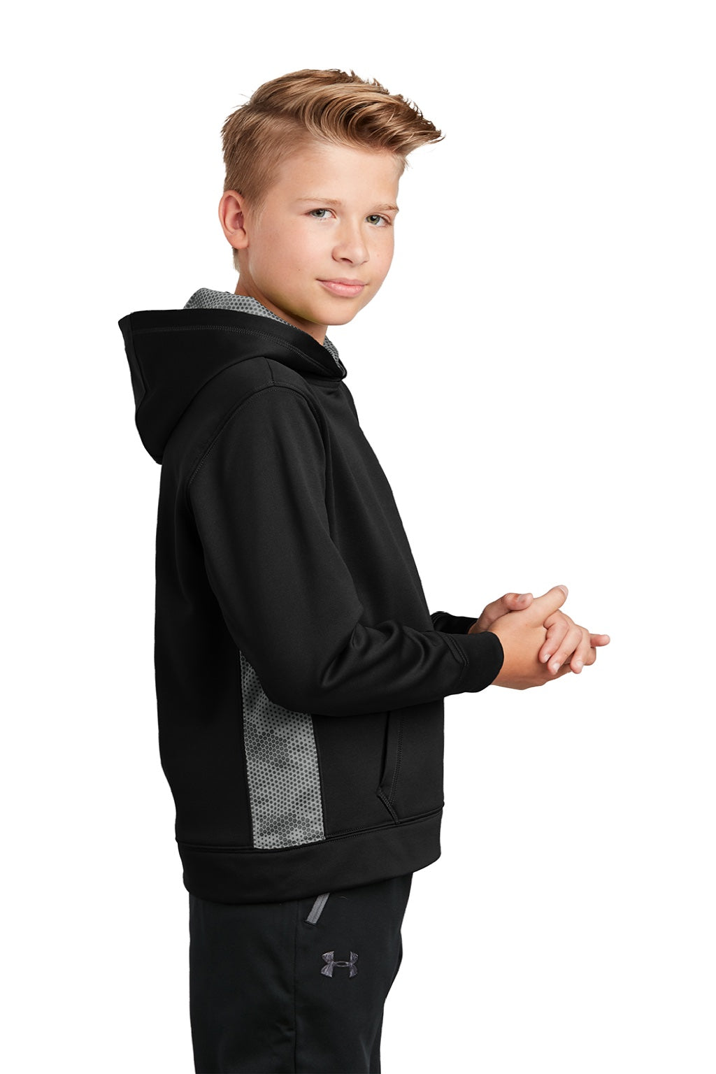 Sport-Tek YST239 Youth Sport-Wick CamoHex Moisture Wicking Fleece Hooded Sweatshirt Hoodie w/ Pouch Pocket Black/Dark Smoke Grey Model Side