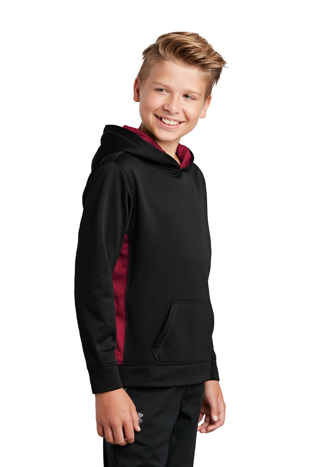 Sport-Tek YST239 Youth Sport-Wick CamoHex Moisture Wicking Fleece Hooded Sweatshirt Hoodie w/ Pouch Pocket Black/Deep Red Model 3q