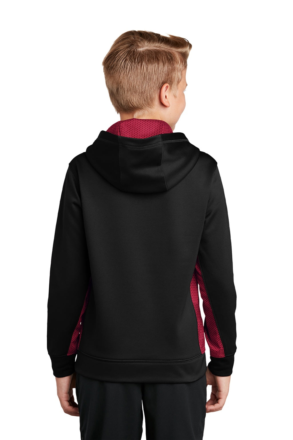 Sport-Tek YST239 Youth Sport-Wick CamoHex Moisture Wicking Fleece Hooded Sweatshirt Hoodie w/ Pouch Pocket Black/Deep Red Model Back
