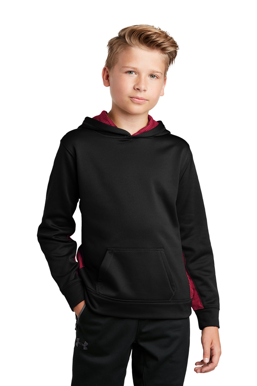 Sport-Tek YST239 Youth Sport-Wick CamoHex Moisture Wicking Fleece Hooded Sweatshirt Hoodie w/ Pouch Pocket Black/Deep Red Model Front
