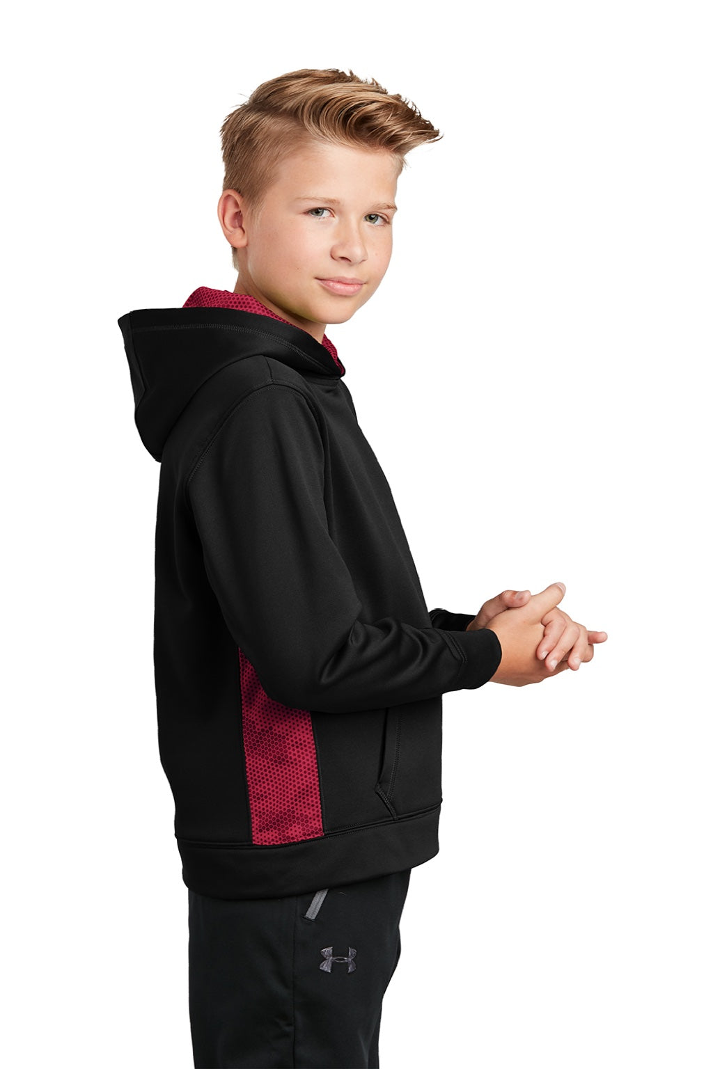 Sport-Tek YST239 Youth Sport-Wick CamoHex Moisture Wicking Fleece Hooded Sweatshirt Hoodie w/ Pouch Pocket Black/Deep Red Model Side