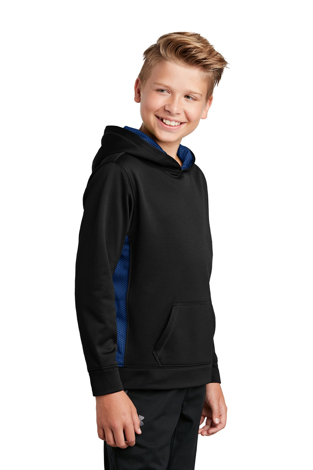 Sport-Tek YST239 Youth Sport-Wick CamoHex Moisture Wicking Fleece Hooded Sweatshirt Hoodie w/ Pouch Pocket Black/True Royal Blue Model 3q