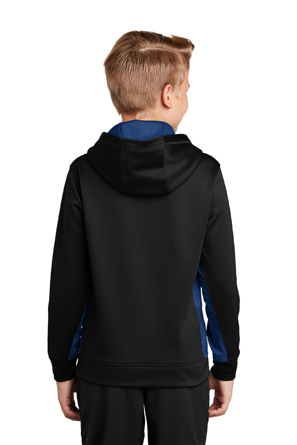 Sport-Tek YST239 Youth Sport-Wick CamoHex Moisture Wicking Fleece Hooded Sweatshirt Hoodie w/ Pouch Pocket Black/True Royal Blue Model Back