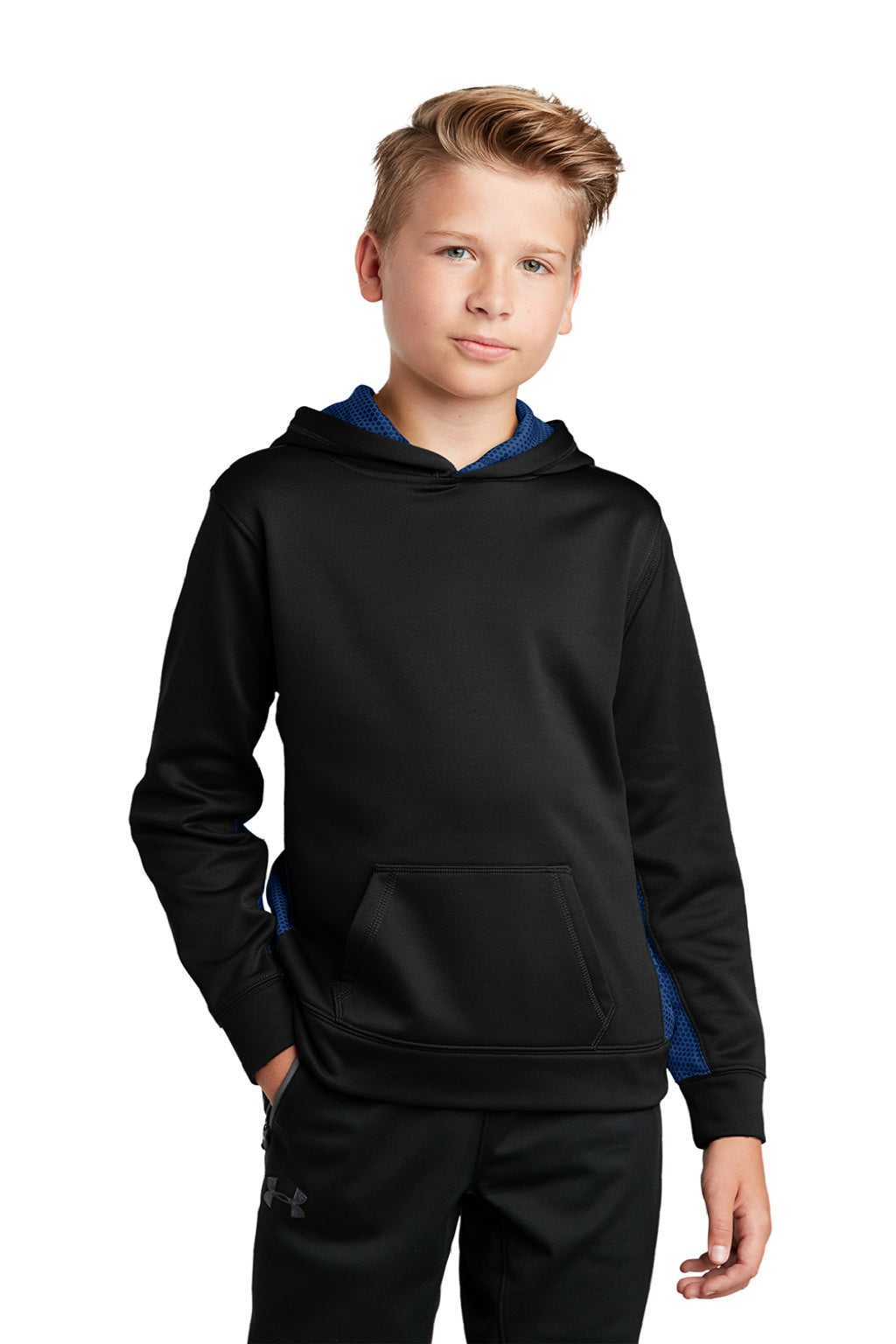 Sport-Tek YST239 Youth Sport-Wick CamoHex Moisture Wicking Fleece Hooded Sweatshirt Hoodie w/ Pouch Pocket Black/True Royal Blue Model Front