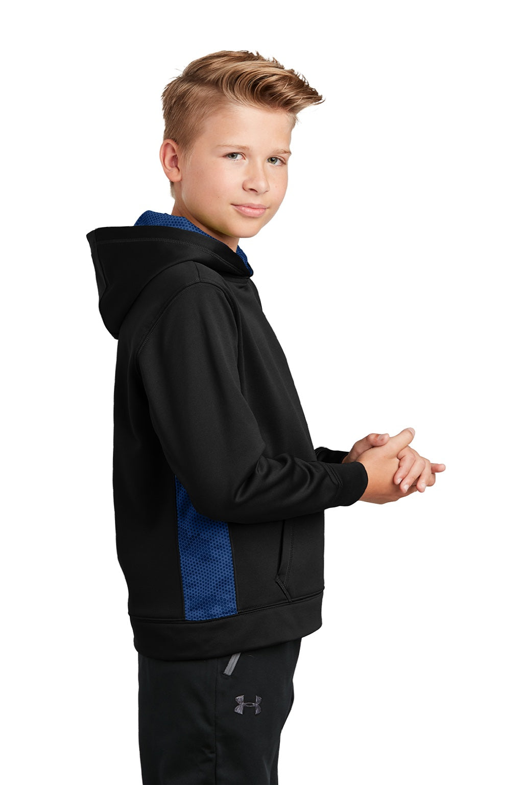 Sport-Tek YST239 Youth Sport-Wick CamoHex Moisture Wicking Fleece Hooded Sweatshirt Hoodie w/ Pouch Pocket Black/True Royal Blue Model Side