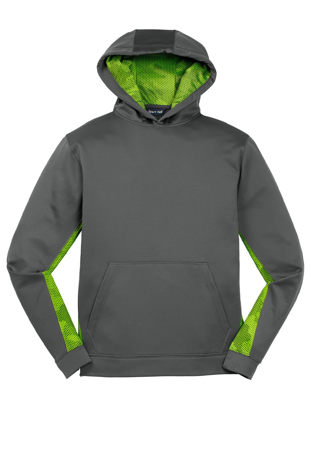 Sport-Tek YST239 Youth Sport-Wick CamoHex Moisture Wicking Fleece Hooded Sweatshirt Hoodie w/ Pouch Pocket Dark Smoke Grey/Lime Shock Green Flat Front
