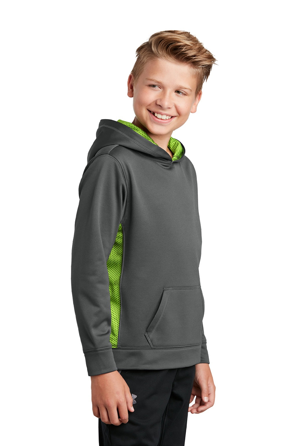 Sport-Tek YST239 Youth Sport-Wick CamoHex Moisture Wicking Fleece Hooded Sweatshirt Hoodie w/ Pouch Pocket Dark Smoke Grey/Lime Shock Green Model 3q