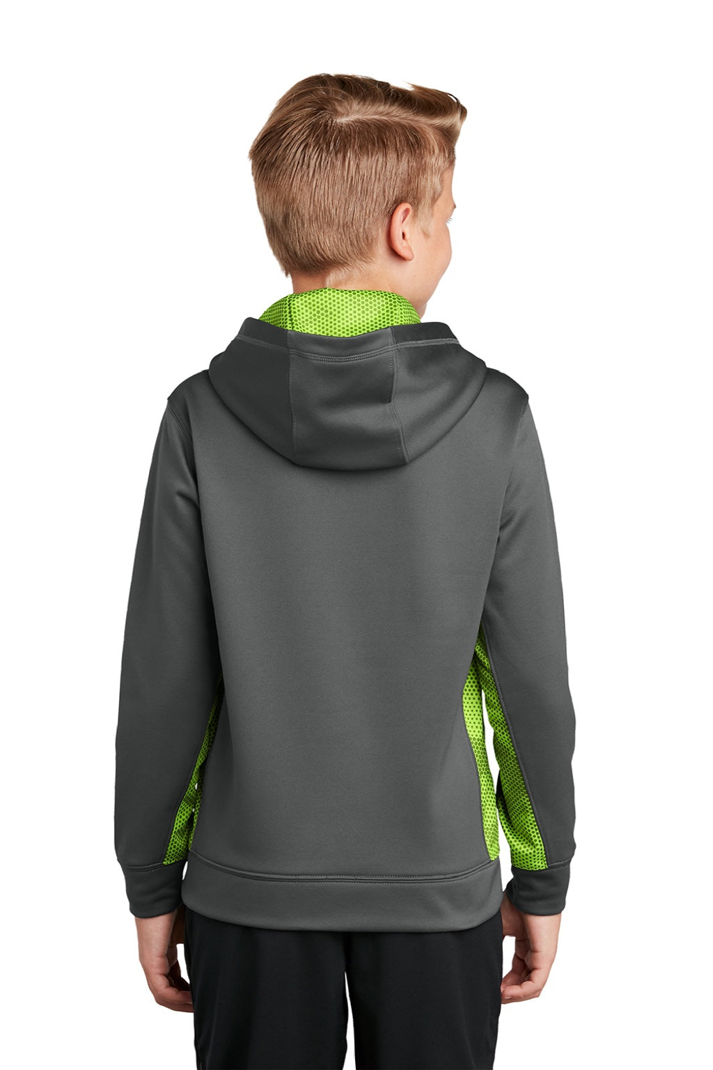 Sport-Tek YST239 Youth Sport-Wick CamoHex Moisture Wicking Fleece Hooded Sweatshirt Hoodie w/ Pouch Pocket Dark Smoke Grey/Lime Shock Green Model Back