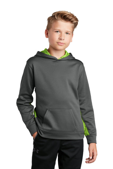 Sport-Tek YST239 Youth Sport-Wick CamoHex Moisture Wicking Fleece Hooded Sweatshirt Hoodie w/ Pouch Pocket Dark Smoke Grey/Lime Shock Green Model Front