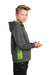 Sport-Tek YST239 Youth Sport-Wick CamoHex Moisture Wicking Fleece Hooded Sweatshirt Hoodie w/ Pouch Pocket Dark Smoke Grey/Lime Shock Green Model Side