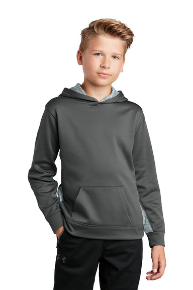 Sport-Tek YST239 Youth Sport-Wick CamoHex Moisture Wicking Fleece Hooded Sweatshirt Hoodie w/ Pouch Pocket Dark Smoke Grey/White Model Front